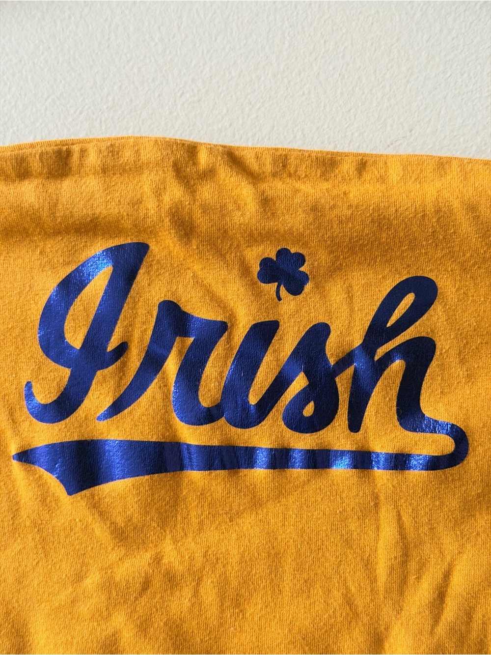 Custom made Yellow 'Irish' Graphic Tee with Blue Metallic Print